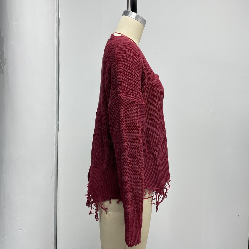 Pulovere Moda simplă Largi Vintage Moda de toamnă și iarnă Haine clasice moale pentru femei Bumbac ciucuri găuri sparte Pulover tricot