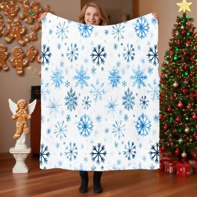 1pc Blue and White Snowflake Pattern Blanket Polyester Fabric Machine Washable Suitable for Sofas Beds and Dormitories