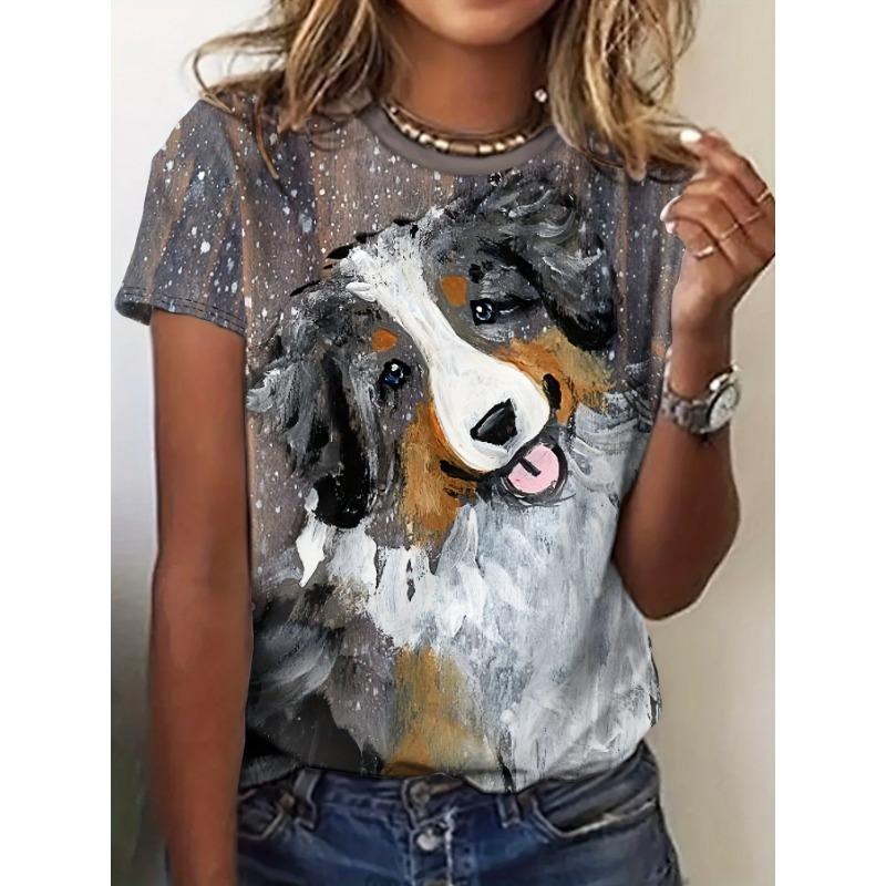 Summer Round Neck 3D Funny Cartoon Animal Print Top Fashionable Casual Short Sleeved Women's T-shirts