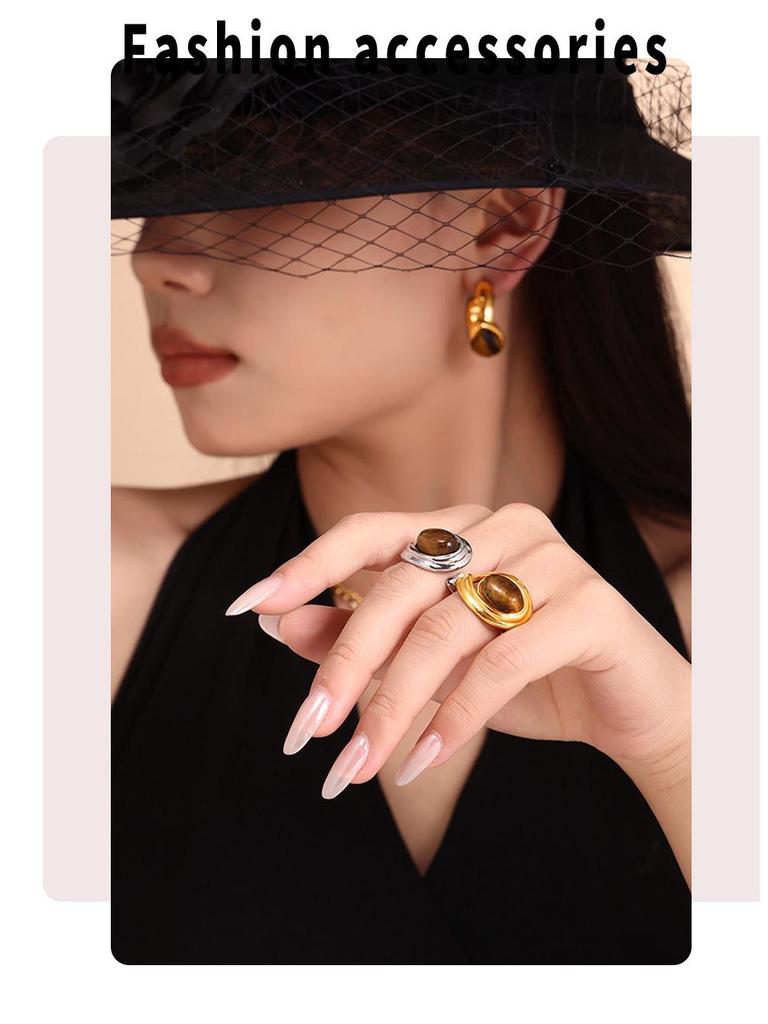 Retro Europäische & Amerikanische C-förmige Tigeraugenstein-Ohrringe mit Edelstahlring, PVD-beschichteter Schmuck.