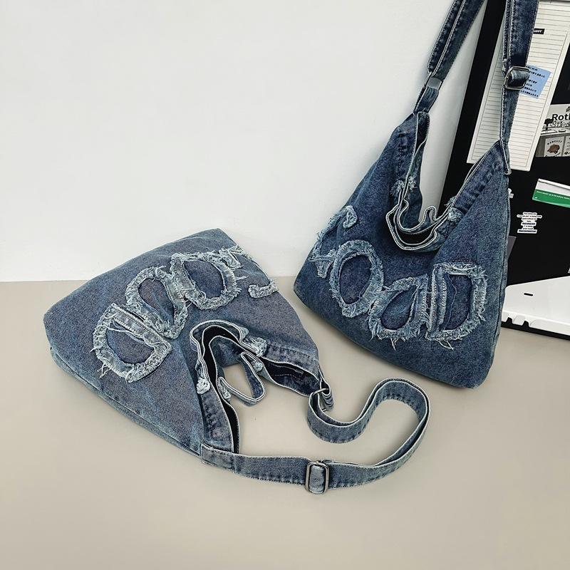 Denim Bag Women's Vintage Wash Denim Letter Casual Crossbody Bag Fashion Student Canvas Shoulder Bag