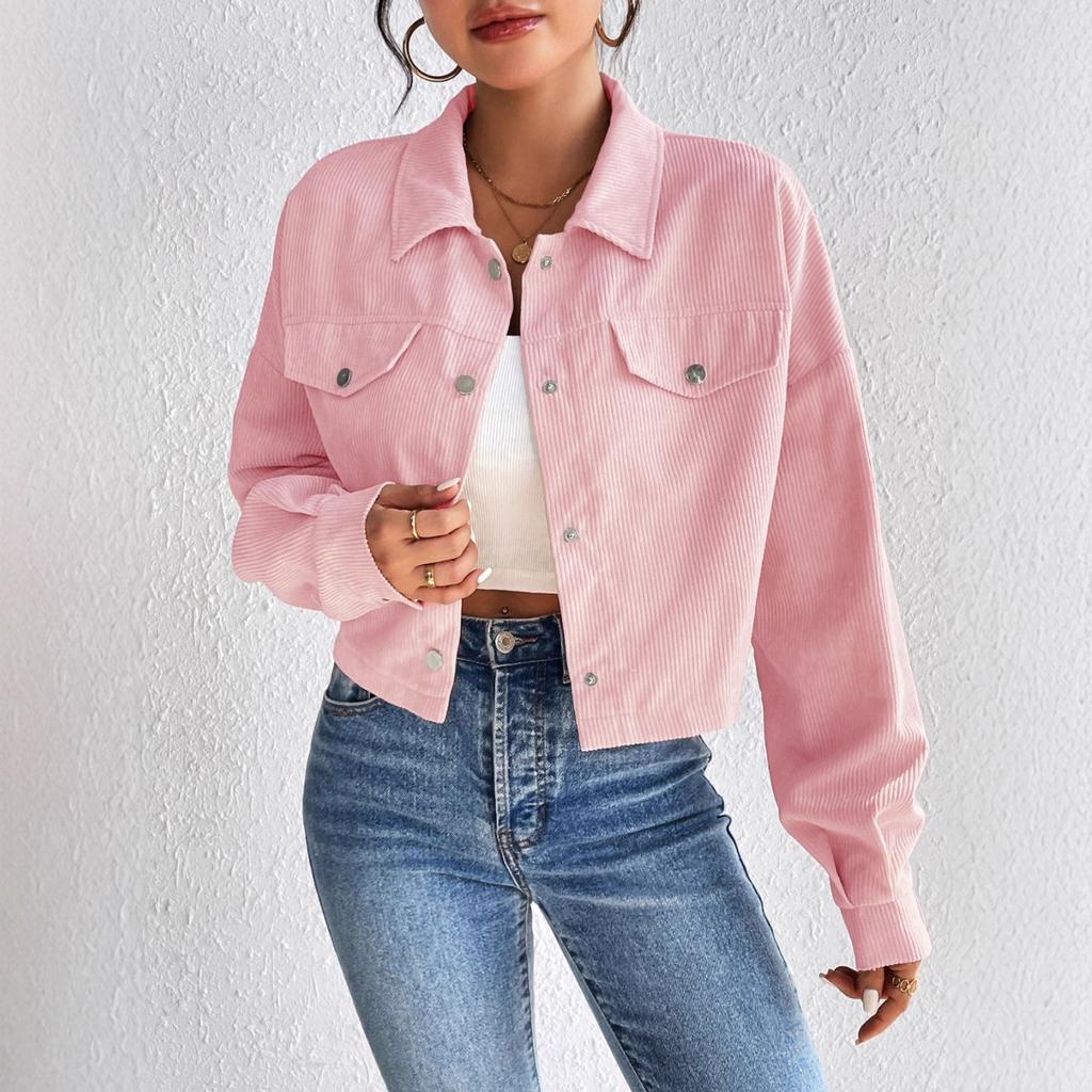 2024 Autumn and Winter Cross-border Amazon Europe, America, Temperament Slim-fitting Short Zipper Cardigan Polo Neck Corduroy Jacket