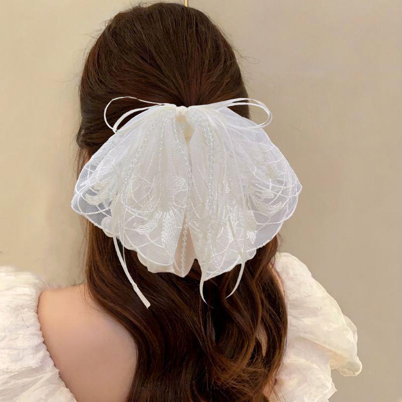 Clips de păr coadă de cal cu fundă florală din șifon făcută manual pentru păr voluminos