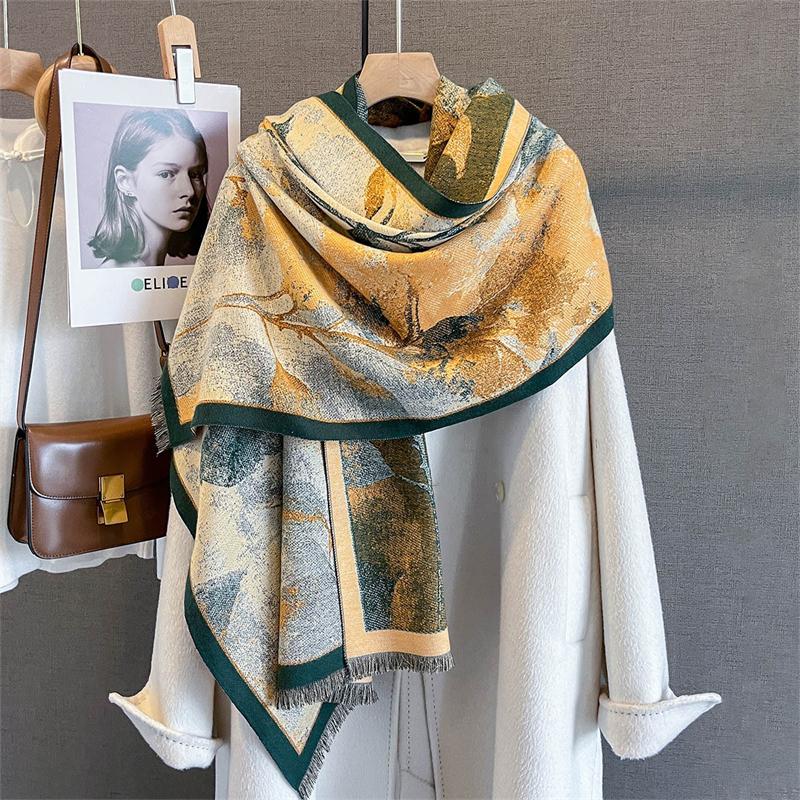 Leaf Luxury Winter Women Scarf Imitation Cashmere Thicken Warm Shawl Pashmina Scarves Female Wrap Blanket Ladies