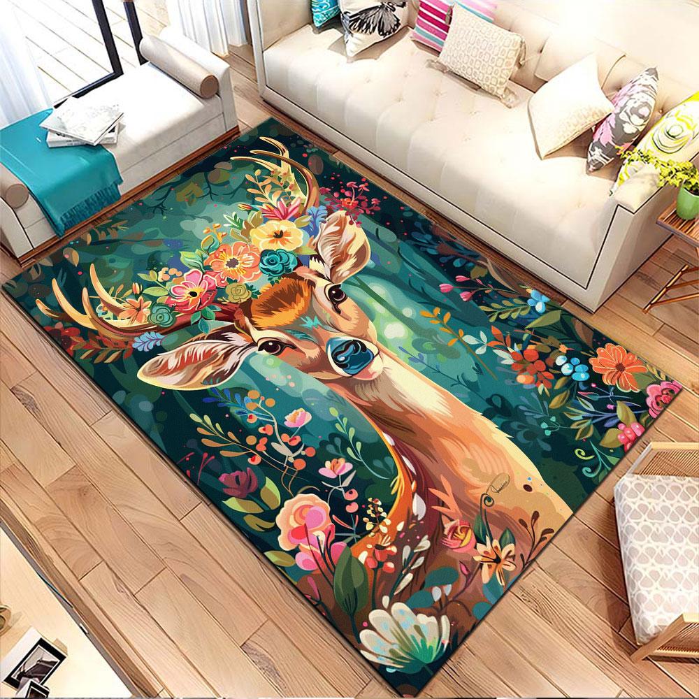 Floral Antlered Deer in Forest Scene Patterned carpet, non slip mat suitable for living room and bedroom sofas