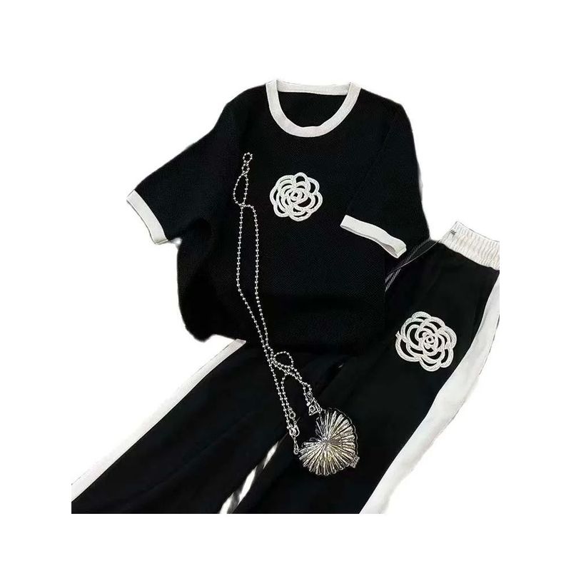 

Knited Wide Leg Pants Two-Piece Set Knitting Loose Pants Two-piece Set Classic Style black suit L
