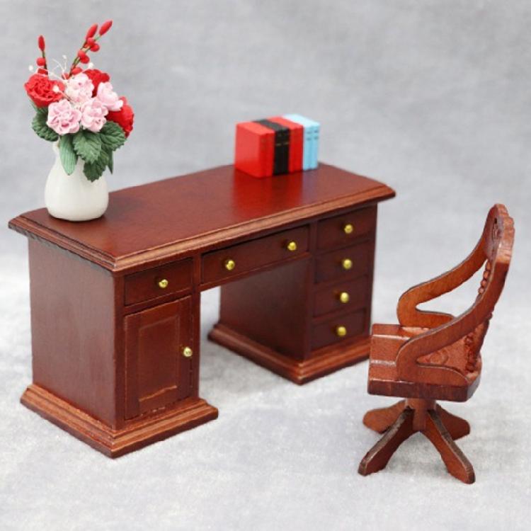 Realistic Miniature Wooden Office Desk With Chair 1/12 Scale Historical Study Room Addition For Models