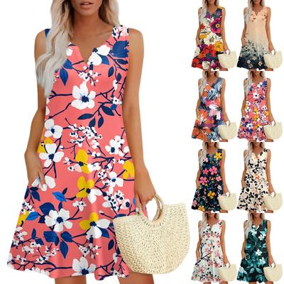 Women's Casual Vintage Floral Print V-Neck Button Side Pocket Vest Dress
