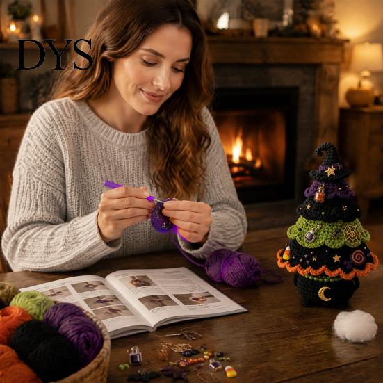 Cute Monster Tree Crochet Set Halloween Pack, DIY Yarn Craft Kit with Hooks And Step Black Cat Moon by Guide, Creative Handmade Knitting Supplies for