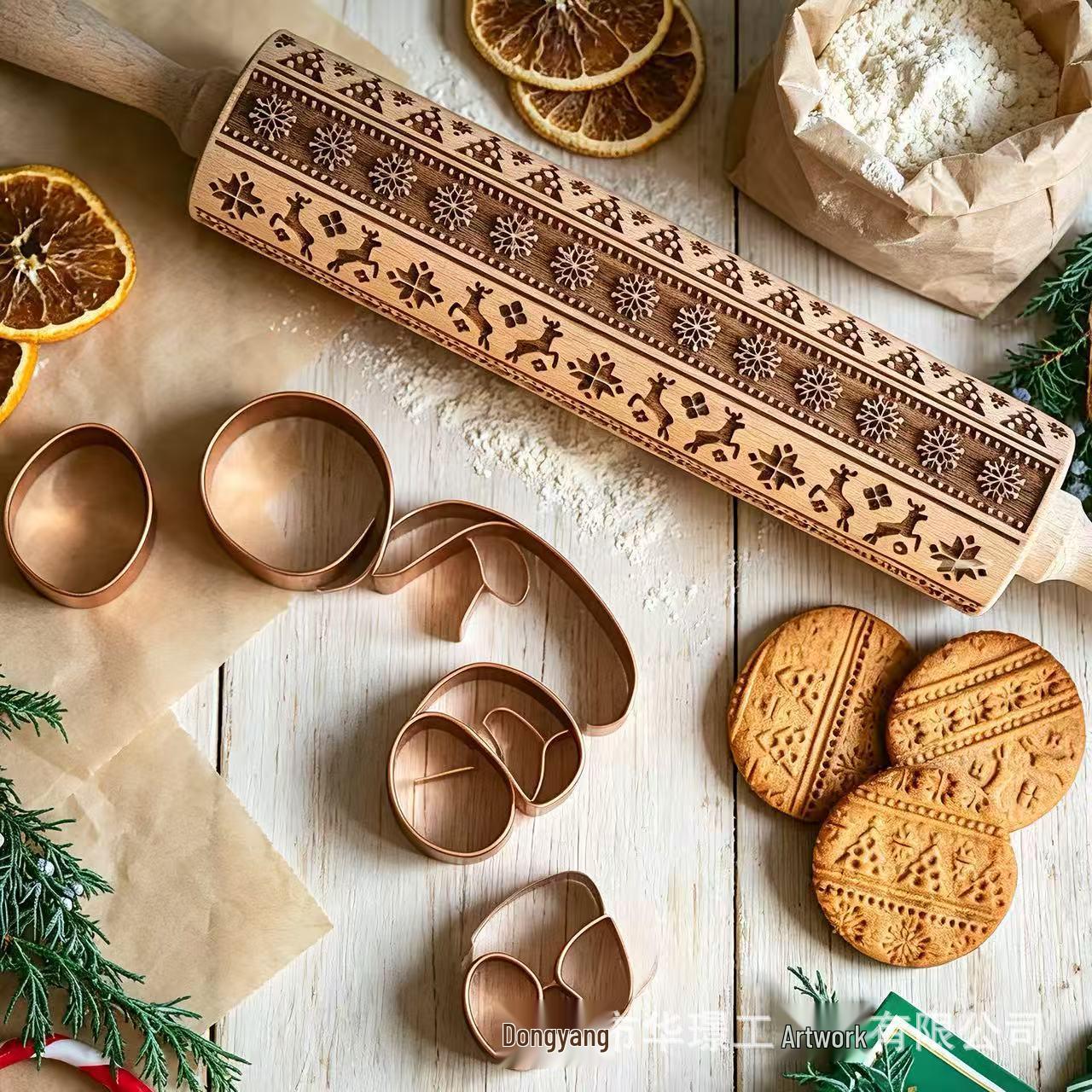 

Laser Engraved Christmas Reindeer Wood Rolling Pin for Cookies Natural Wood Color 35*4.5cm