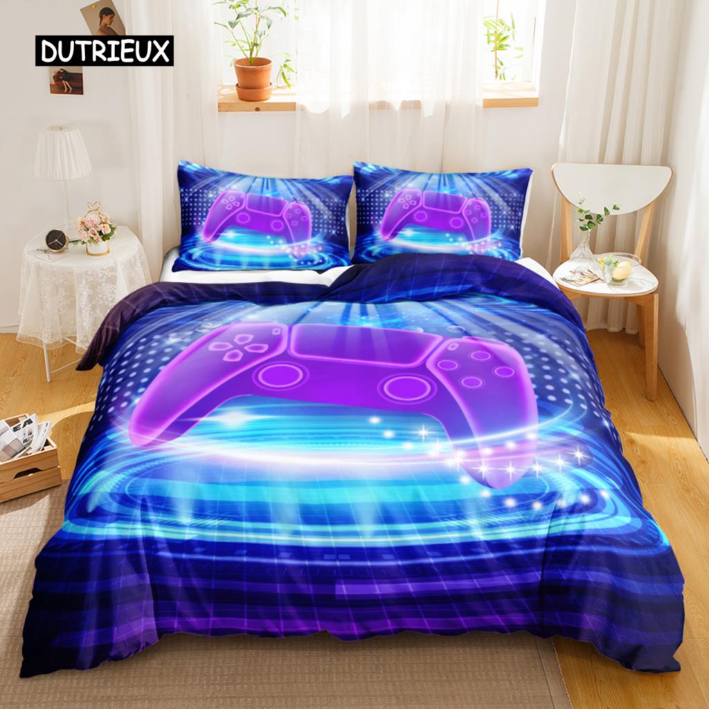 Spiele Bettbezug Set Farbverlauf Gaming Bettdeckenbezug für Kinder Teenager Gamepad Tagesdecke Bezug Neon Spiele Polyester Quiltbezug