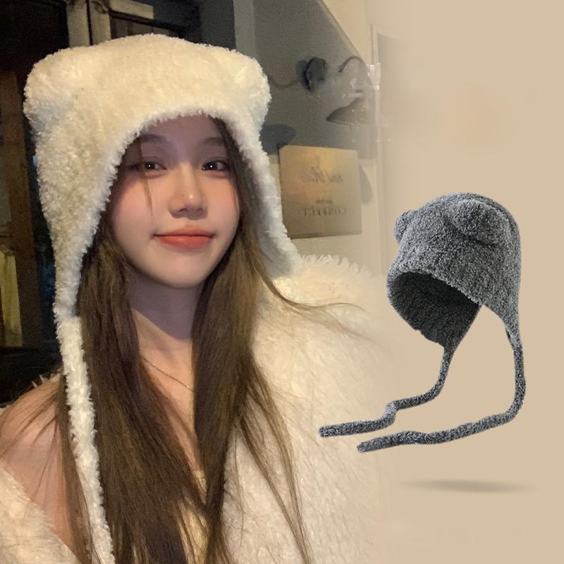 Autumn And Winter Cute Bear Plush Hat Women'S Able Warm Woolen Hat Large Head Circumference Ear Protection Hat