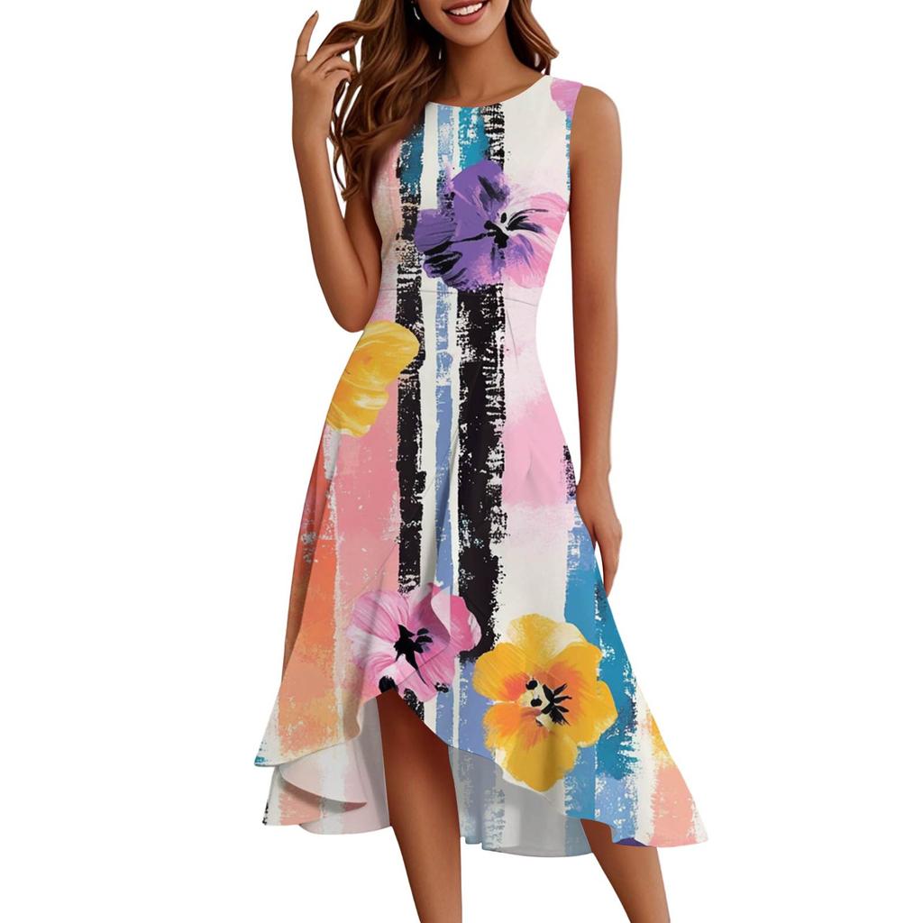 Damenmode Lässig Reißverschluss Ärmellos Rundhals Bedruckt Elegant Temperament Rüschenkleid Kleider