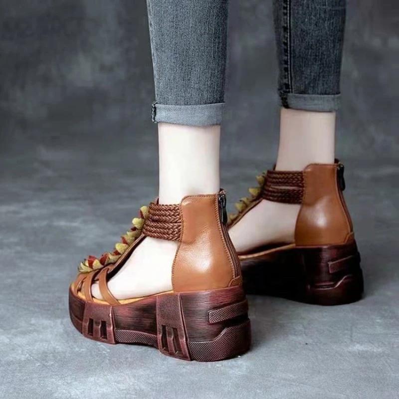 Retro Flower Sandals Women's Roman Open Toe Round Head Hollow Fish Mouth Wedges Shoes Anti-slip Slippers Sandales Femmes