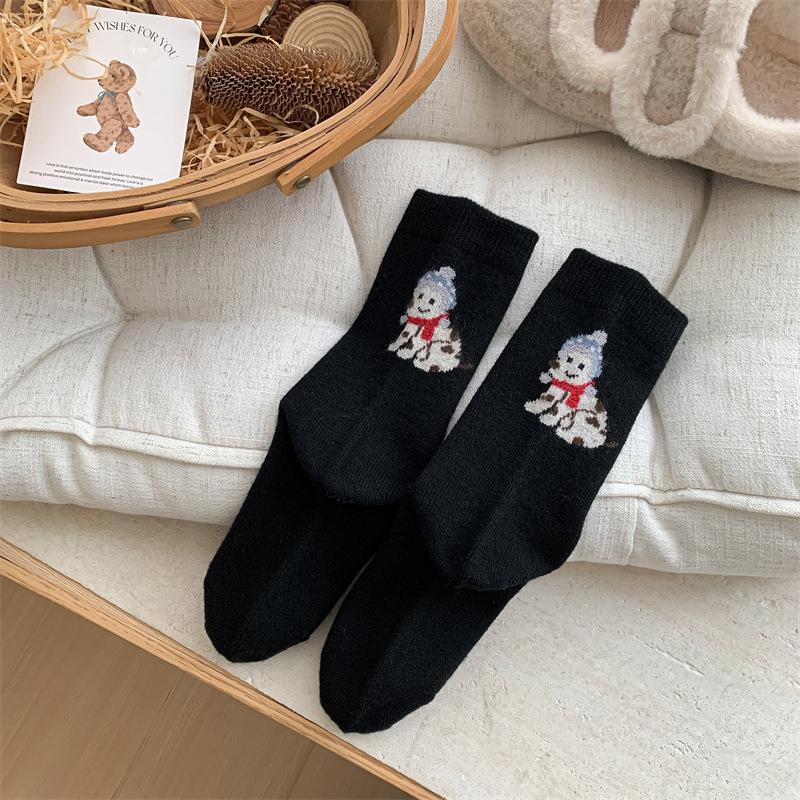 Female Autumn Winter Thickened Warm Cute Cartoon Sled Dog Wool Drum Pile Socks