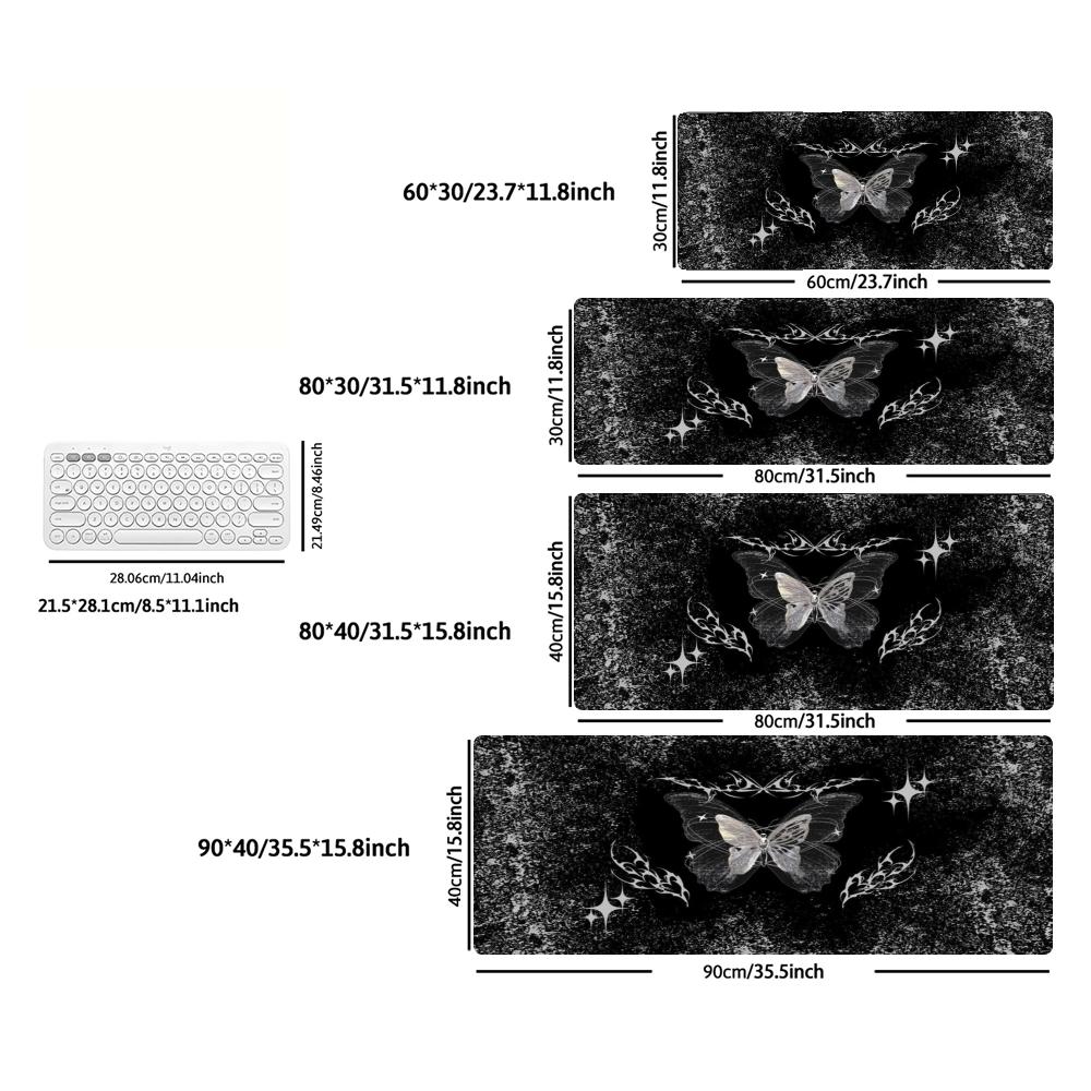 Gaming Mouse Pad Black White Gothic Butterfly Moth Pattern Deskmat Non-Slip Rubber Keyboard Mat Grunge XXL Desktop Table Mat