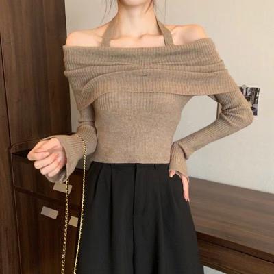 Autumn Elegant Slash Neck Knitwear Women's Sweater One Shoulder Long Sleeve Sexy Off Shoulder Pullover Sweaters Women Slim Fit Halter Jumpers 25059
