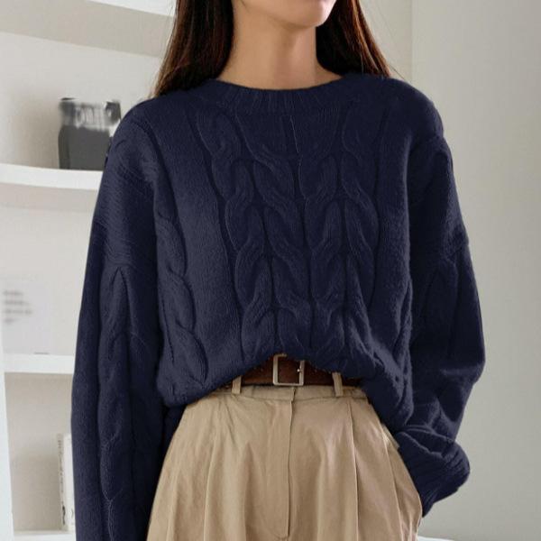 Women Fall Winter Twist Knit Top Pullover Sweater Loose Round Neck Solid Color Versatile Fashionable Comfortable Petite