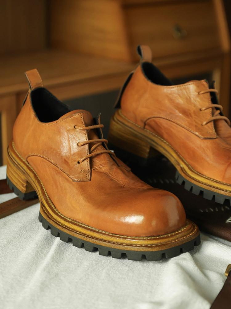 British Square Head Horsehide Retro  Low-top Leather Shoes Trend Thick Bottom Goodyear Leather Bottom Men's Shoes
