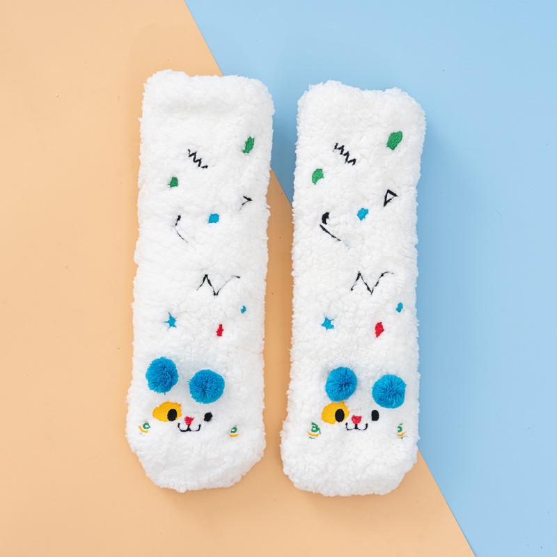 Lamb wool floor socks children's cartoon embroidery foot warm home sleep socks autumn and winter fleece thickened warm confinement socks