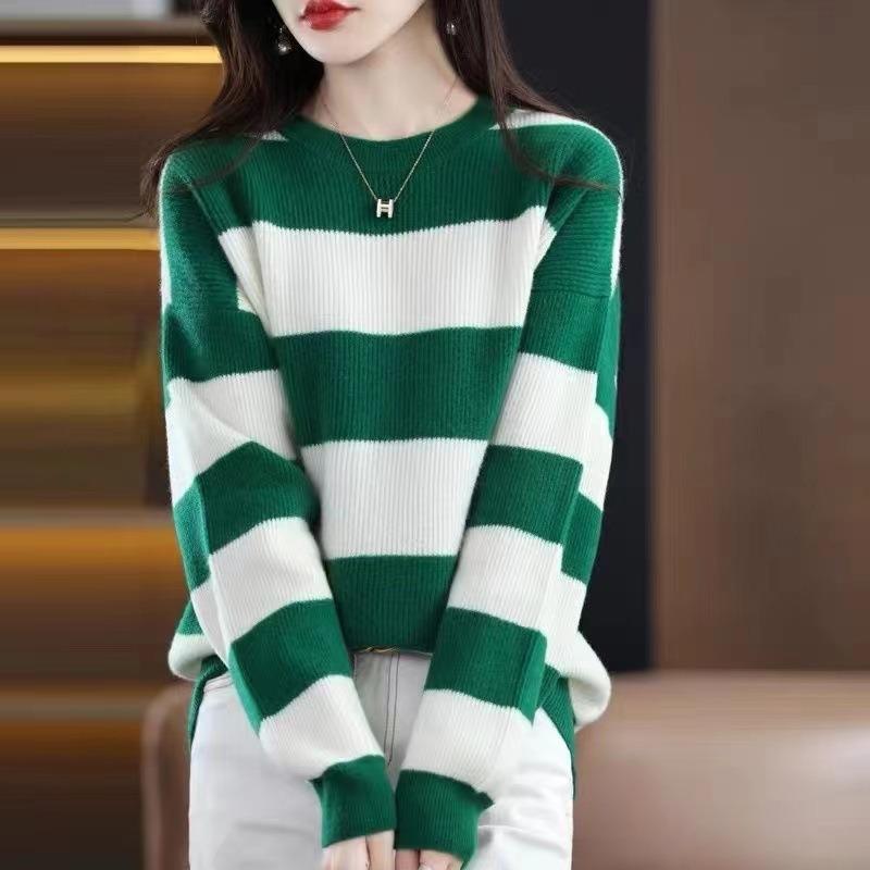 Modischer gestreifter Strickpullover langärmeliger Unterziehpullover Damen Herbst und Winter Neu Lockerer vielseitiger Rundhals-Pullover