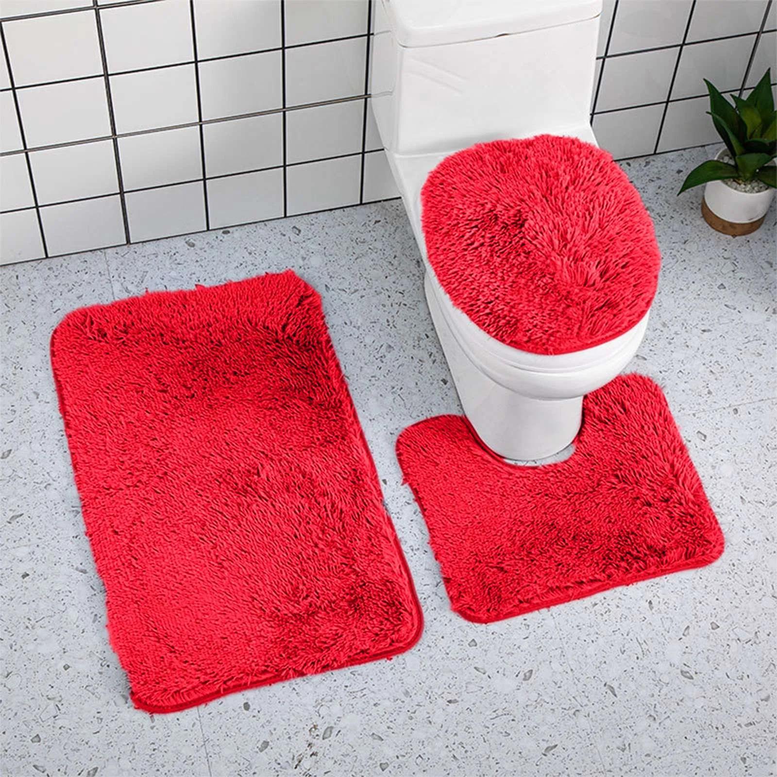 Koberček k záchodu, Absorpčný a protišmykový, Trojdielna súprava, Kúpeľňový koberec, Vlnený koberec. One Size červená
