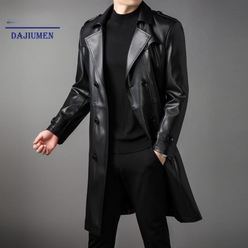 Cappotto Lungo da Uomo in Pelle Autunno e Inverno Nuovo Velluto Doppiopetto Business Casual Cintura Cappotto in Pelle Giacca a Vento in Pelle Giacca da Uomo