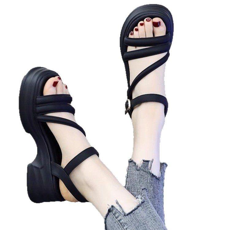 Internet celebrity Roman sandals women's summer models 2025 new super fire muffin thick-soled mid-heeled skirt, thick-heeled sandals