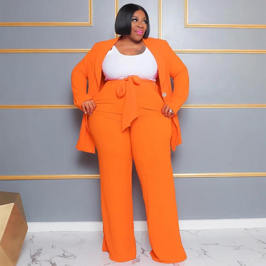 European & American Plus Size Women's Professional Casual Two-Piece Set - Long Sleeve Top & Pants with Tie