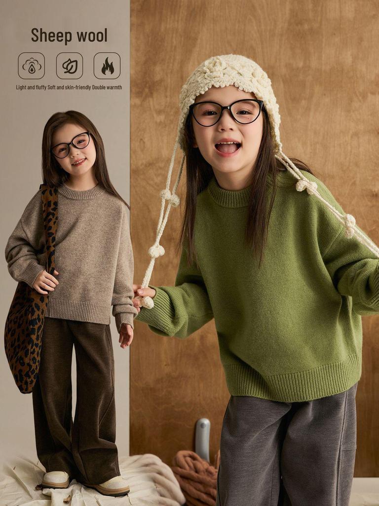 Children's Wool Ribbed Sweater - Round Neck, Cozy Autumn/Winter Base Layer for Girls