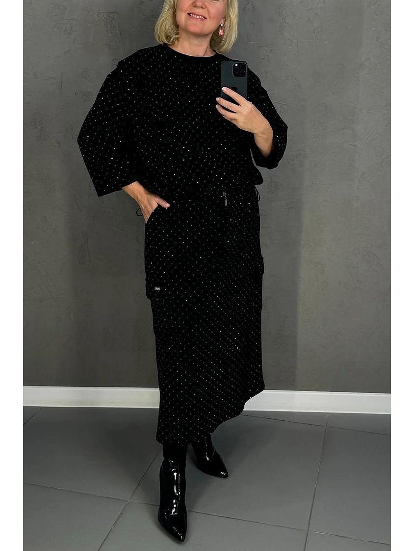 

Комплект повседневного платья-свитшота в западном стиле с круглым вырезом и горячей отделкой 3XL чёрный