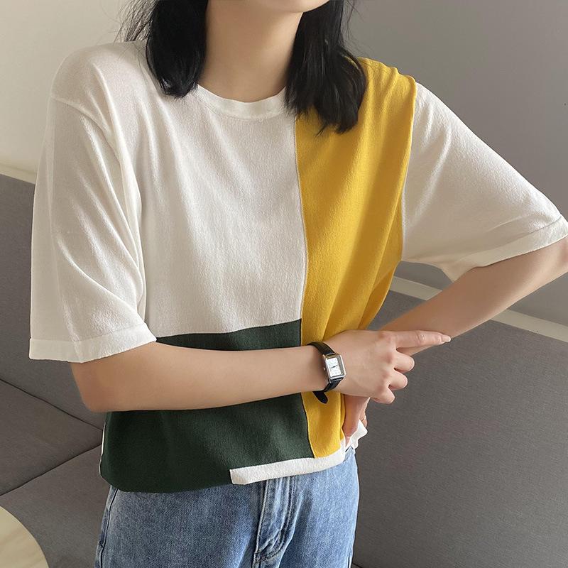 Korean Style Women's Contrast Color Loose-Fit Summer T-Shirt