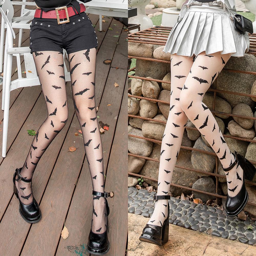 Nieuwe Dames Vleermuispatroon Nylon Panty Hoge Taille Elasticiteit Panty Lolita Gothic Stijl Halloween Kleding Kousen One Size gray