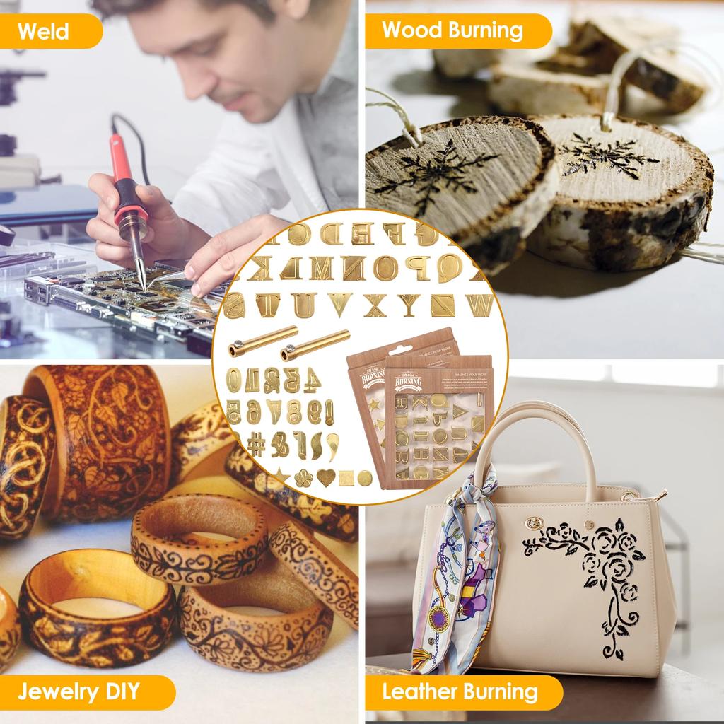 52Pcs Wood Burning Tip Set Letter Wood Burning Tool Brass Alphabet Number Template Symbol Pyrography Head Tools