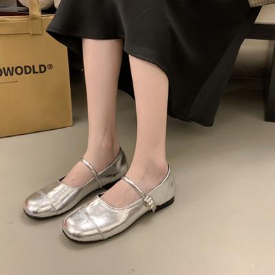 Fashion Retro Silver Mary Jane Flats Shoes Women's Round Toe PU Leather Loafers Flat Shoe Comfort Lightweight Ballet Shoes Women Zapatos