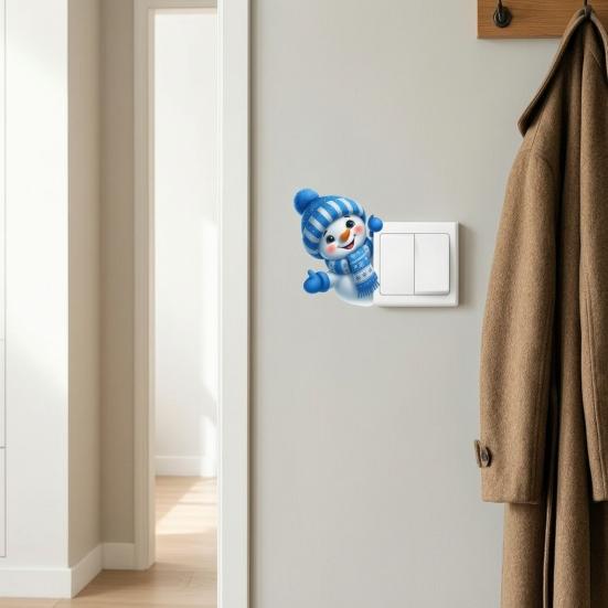 Easy Apply Socket Cover Cute Snowman Switch Sticker, Self-Adhesive PVC Decorative Decal, Blue And Christmas Wall Decal White Winter Theme Art