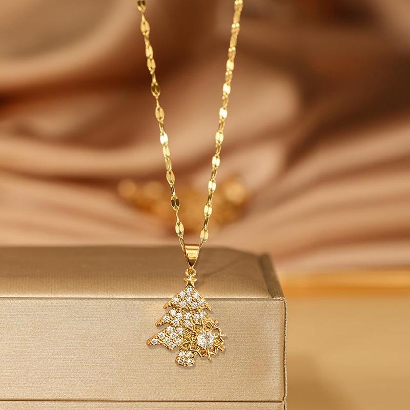 Huitan Sparkling Cubic Zirconia Christmas Tree Snowflake Pendant Necklace for Women Festival Luxury Party Aesthetic Jewelry GiftGood Product