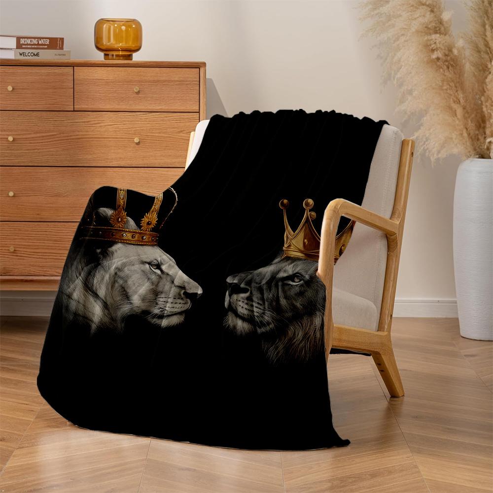 1pc Kings and Queens Lion King Lion Queen Crown Print Flannel Blanket, High-Grade Flannel Blanket, Light -Friendly Warm Blanket