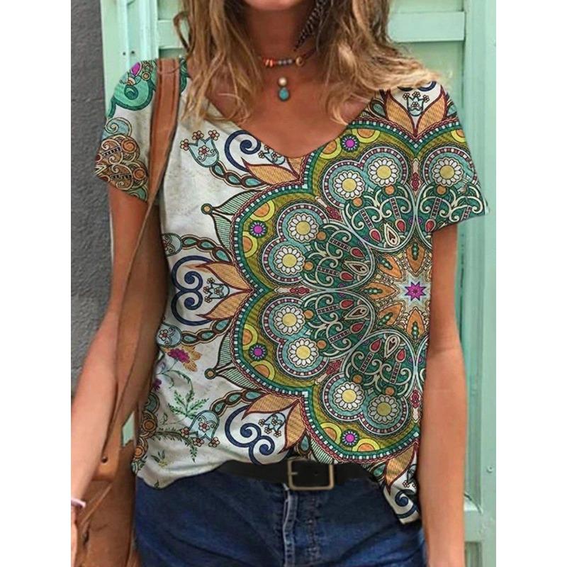 Summer V-neck 3D Retro Ethnic Style Printed Top Fashionable Casual Short Sleeved Women's T-shirts