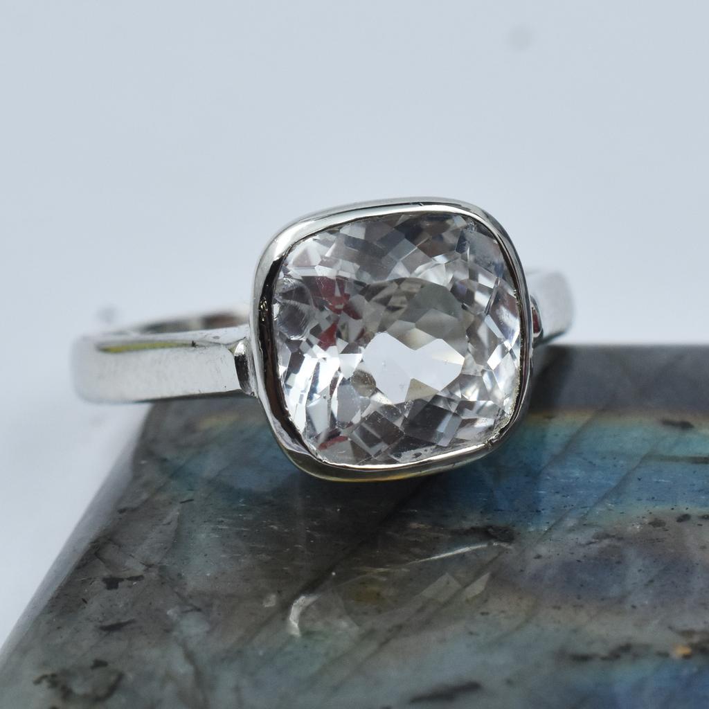 Natural White Sapphire Square Cushion Cut Silver Ring 22.60 Ct certified AR-3135-Sa