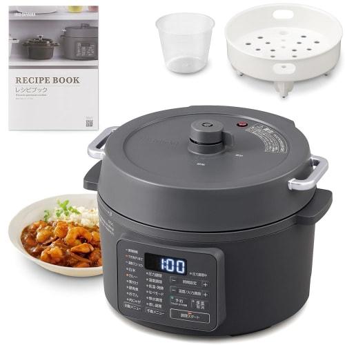 IRIS OHYAMA Electric Pressure Cooker, Grill Pot, 2-in-1, 3L Capacity, Serves 2-3 People, Includes 6 Automatic Cooking Menus and 100 Recipes, Gray, PC-