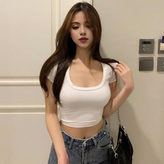 Women Cropped Tops Fit Tee Solid Sleeve Stretchy T-shirt U-Neck Short Color Slim Shirt Short