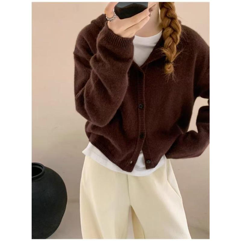 New autumn and winter simple retro hooded single-breasted knitted jacket women's plush casual knitted cardigan women's