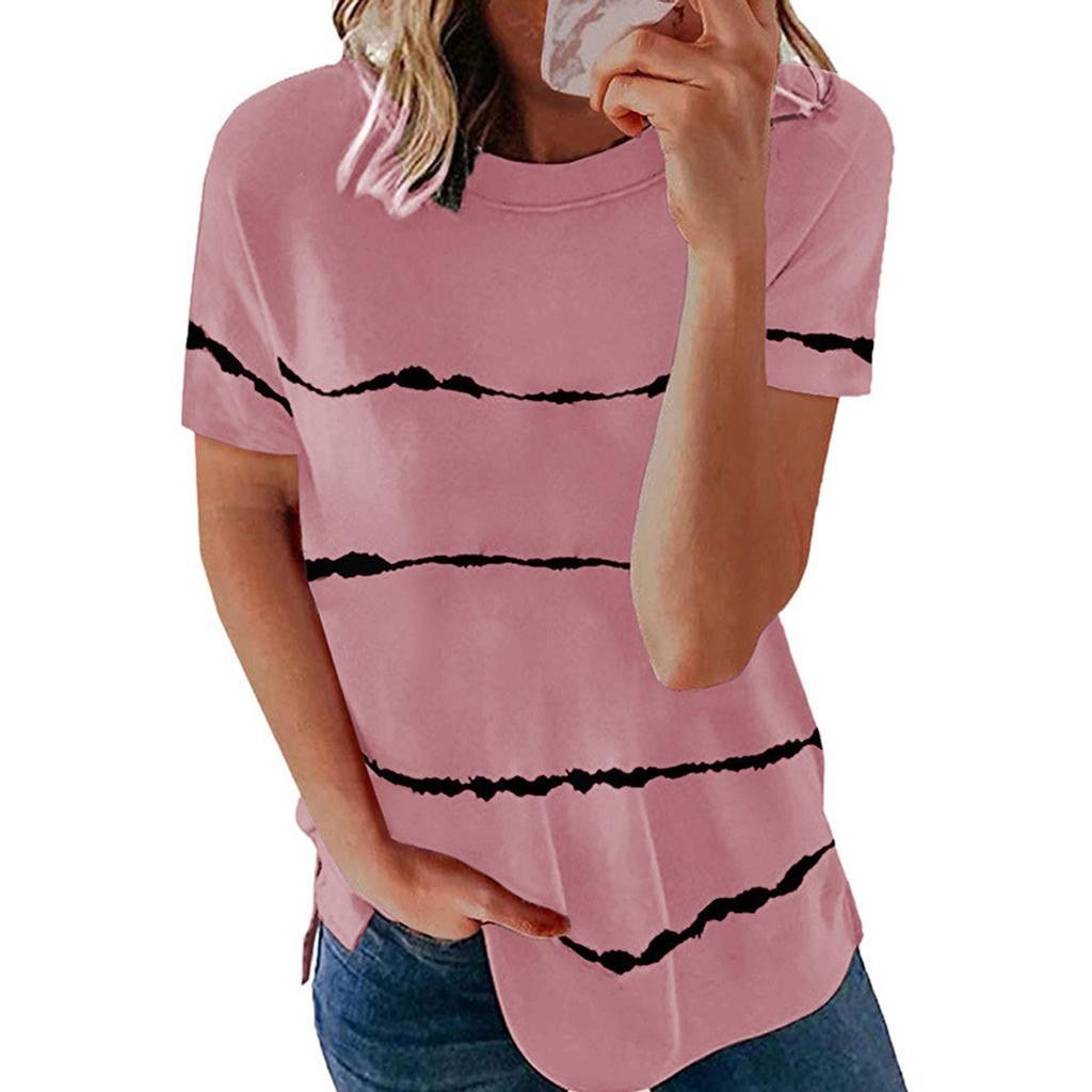 Fashion Women's Loose Short Sleeve T-shirt Round Neck Stripe Print Tops