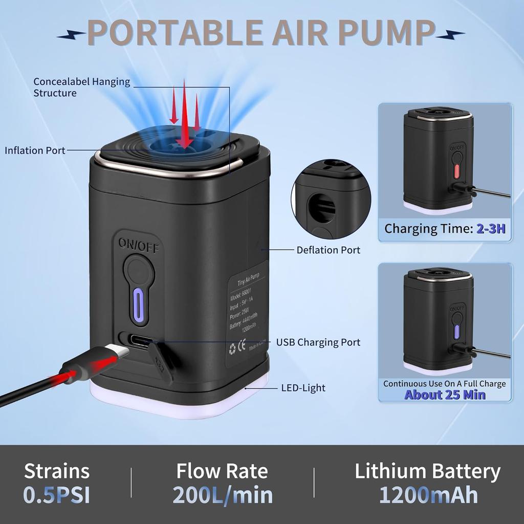 Electric Air Pump for Inflatables, Portable Mini Vacuum Pump with 5 Nozzles and 3 Camping Light for Sleep Pads, Blow Up Pool Raft Bed Boat Toys,