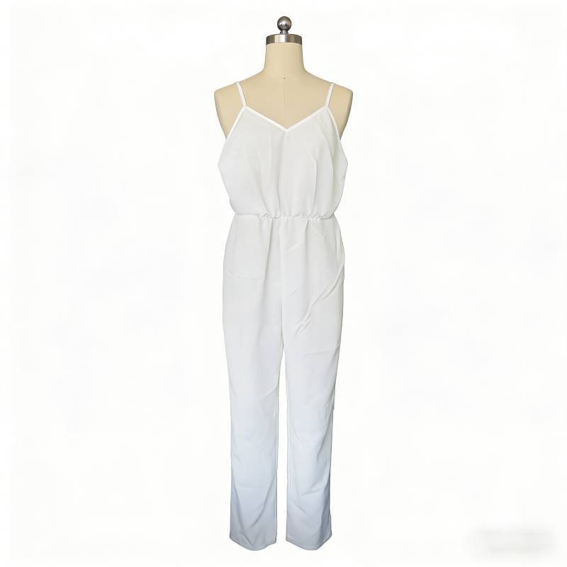 Cotton Wide Leg Jumpsuit With Deep V Neck Back Tie For Casual Streetwear Women