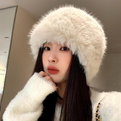 Premium Plüschhut Damen Herbst und Winter einfarbig und vielseitig Imitatfell Bucket Hat verdickt warm Ohrenschützer Beckenhut