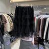 2026 Women's Grey Layered Mesh Cake Skirt with Elastic Waist - Korean Style
