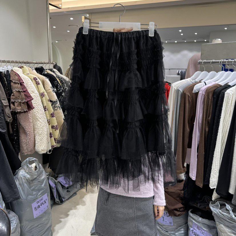 2026 Women's Grey Layered Mesh Cake Skirt with Elastic Waist - Korean Style