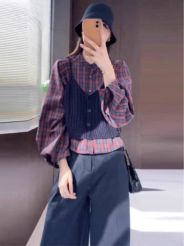 Korean Chic Plaid Shirt & Knit Camisole Vest Set - 2025 Autumn Women's Fashion